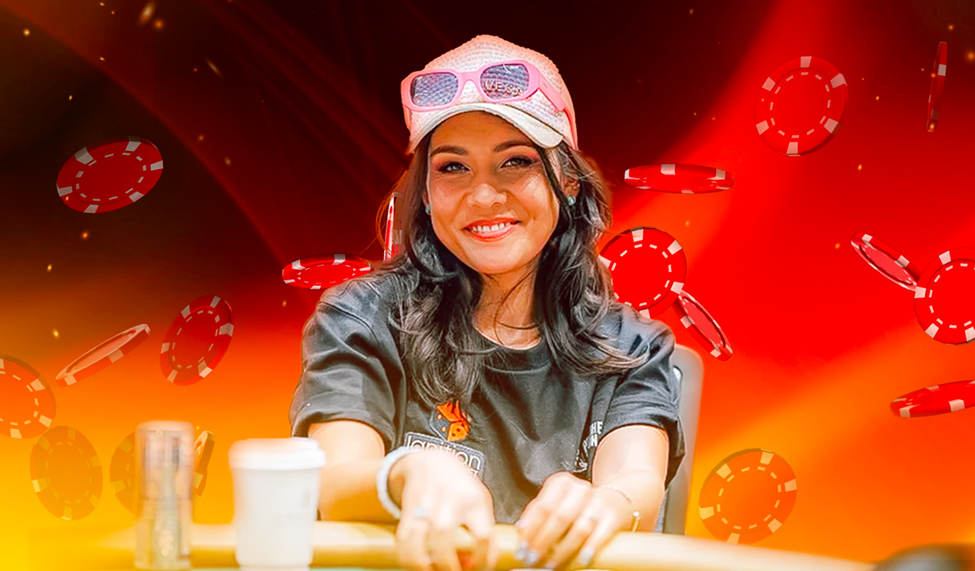 Smiling Nikki Limo at a poker table, surrounded by red poker chips floating against a fiery background.