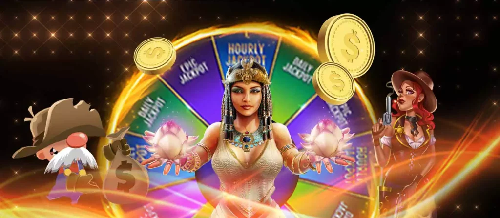 Animated graphic image featuring characters, a small miner and a red head cowgirl, with an Egyptian goddess holding glowing orbs, set against a jackpot wheel and shiny coins