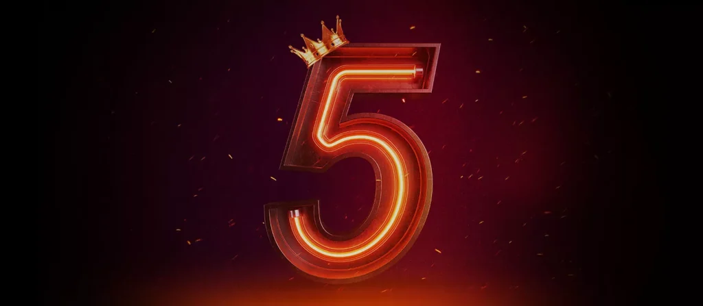 red neon number 5 with crown on