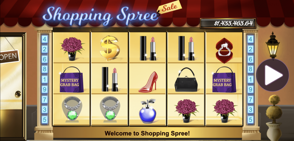 Game screen from 'Shopping Spree' slot featuring luxury items like high heels, lipstick, handbags, and jewelry, with a progressive jackpot value displayed.