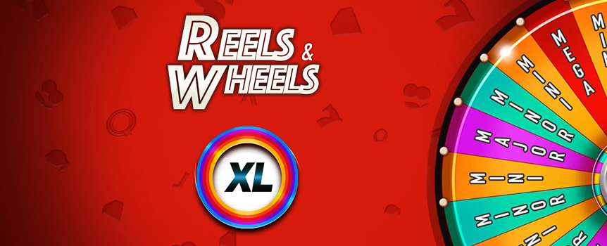 Banner for 'Reels & Wheels XL' slot game featuring the game's logo and a colorful spinning wheel on a vibrant red background with card suit symbols