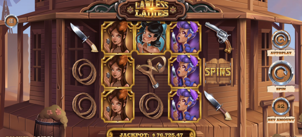 Screenshot of the 'Lawless Ladies' slot, featuring western-themed symbols, character icons, and a displayed jackpot total on a wooden saloon background