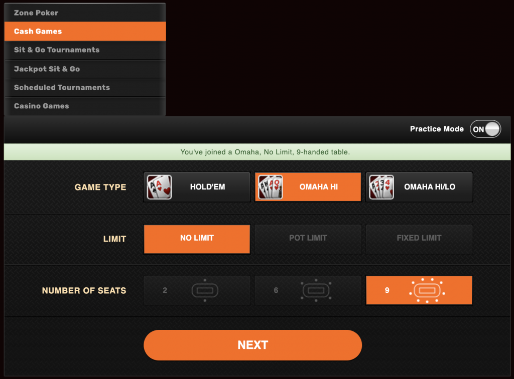 Ignition poker online game selection screen showing options for game types including Hold'em and Omaha, betting limits, and number of seats