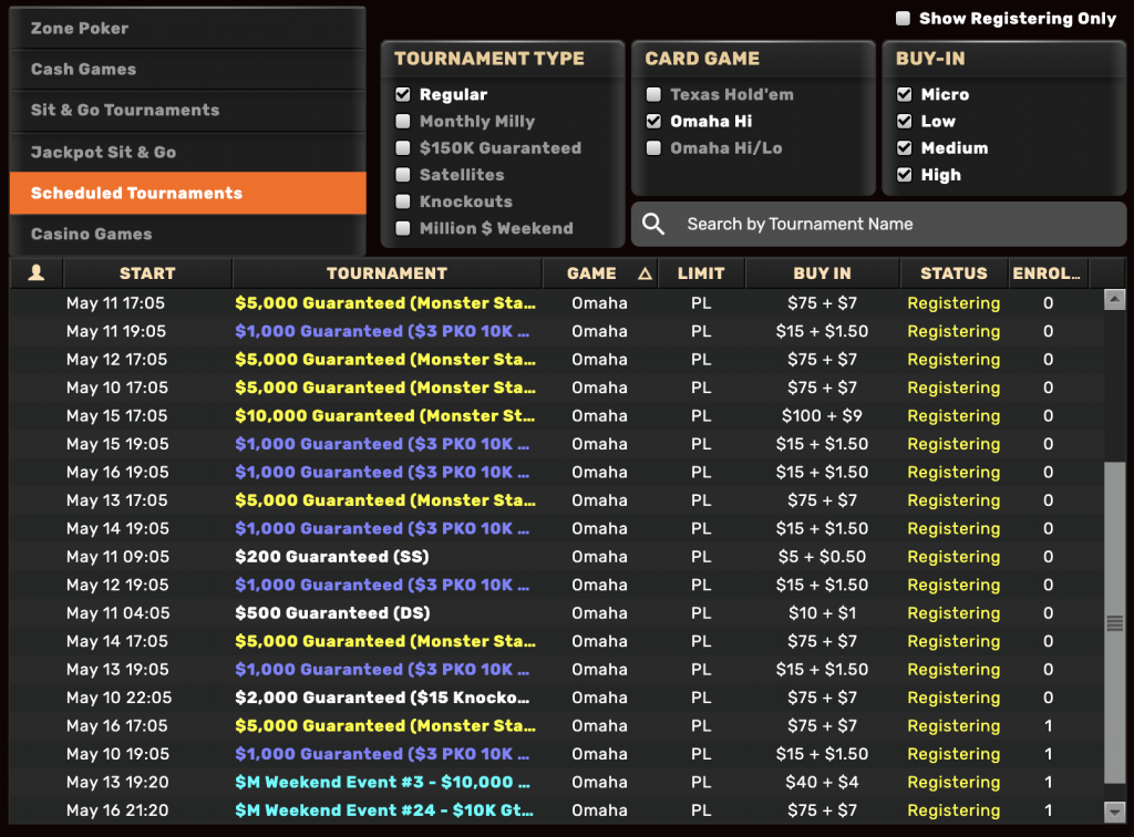 Ignition casino tournament screenshot displaying a list of scheduled online poker tournaments with various buy-ins, guarantees, and statuses, highlighting Omaha and Texas Hold'em games.