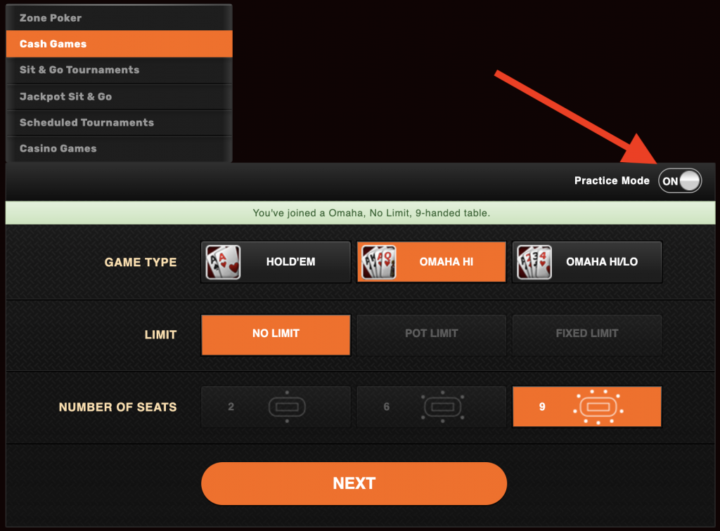 Ignition poker interface with options for game type selection, including Hold'em and Omaha variants, with adjustable settings for limit and number of seats