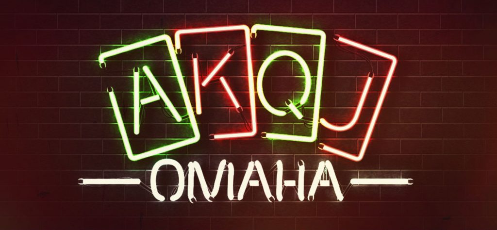 Neon sign with playing card ranks A, K, Q, J in bright colors spelling out 'OMAHA' on a dark brick wall background, highlighting the poker variant