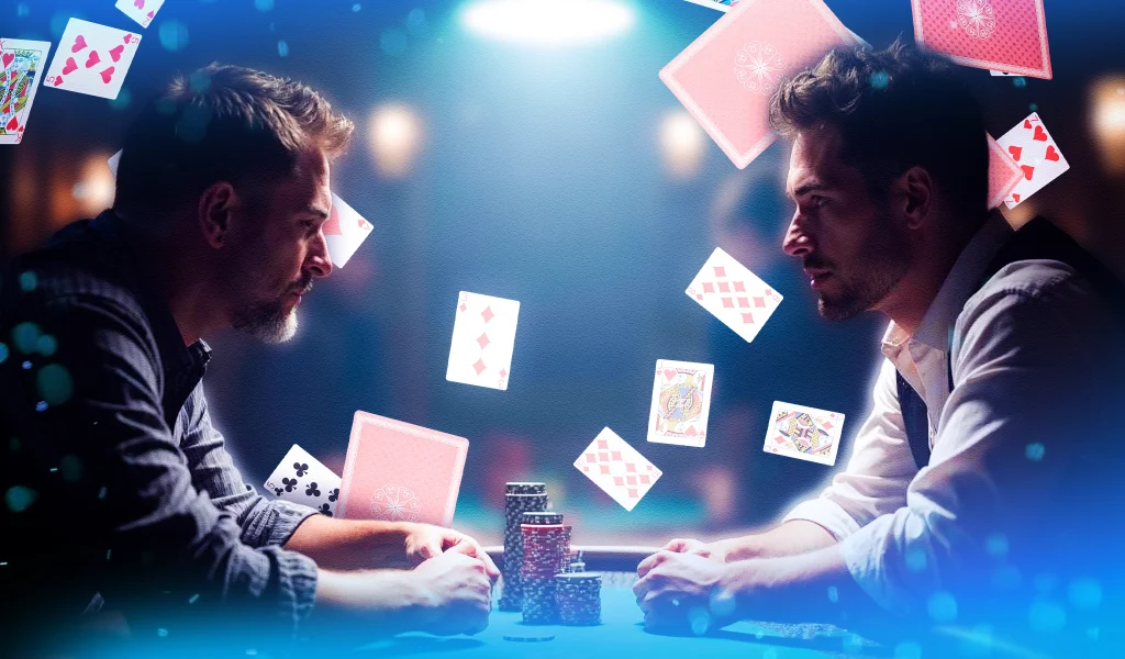 Two men sit across from each other at a poker table with cards floating around them.