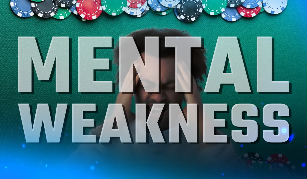 Person holding their head in frustration under large text reading “Mental Weakness,” with poker chips on the table.